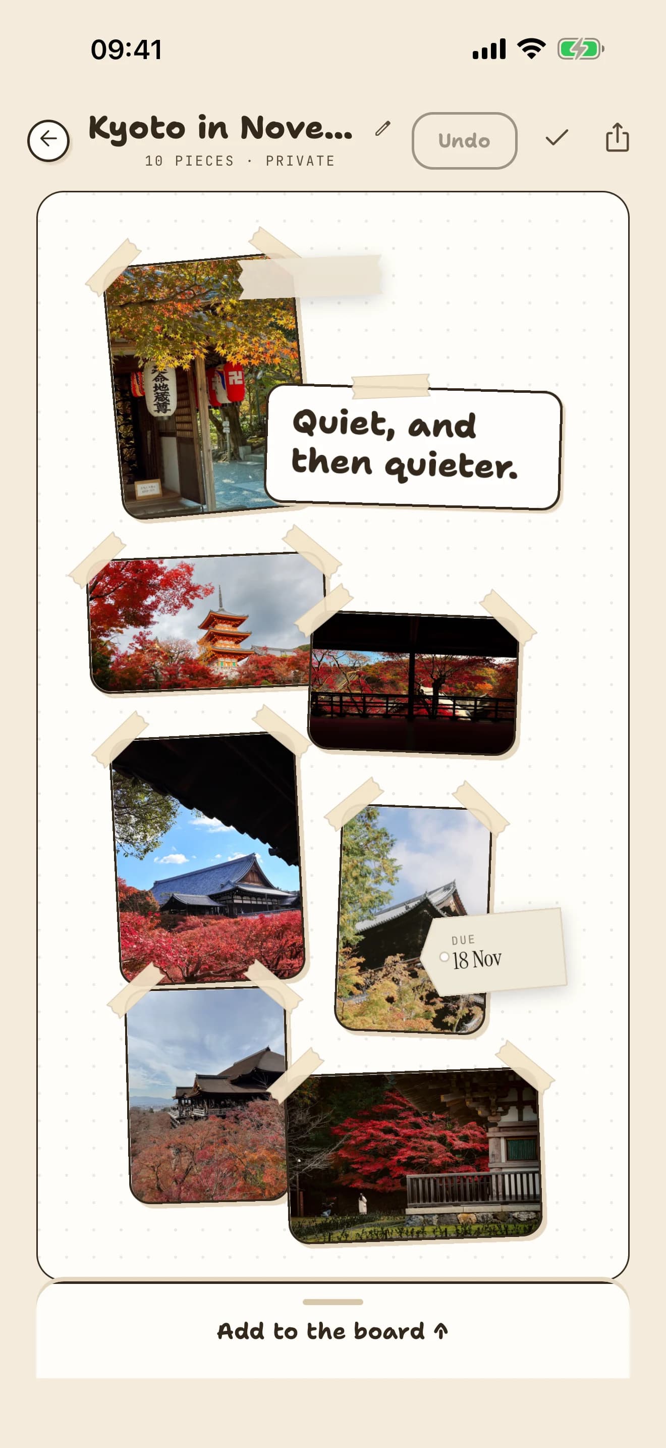 A board open in Zora: photographs taped down at their own angles, none of them aligned, with a typed piece reading “Quiet, and then quieter.”