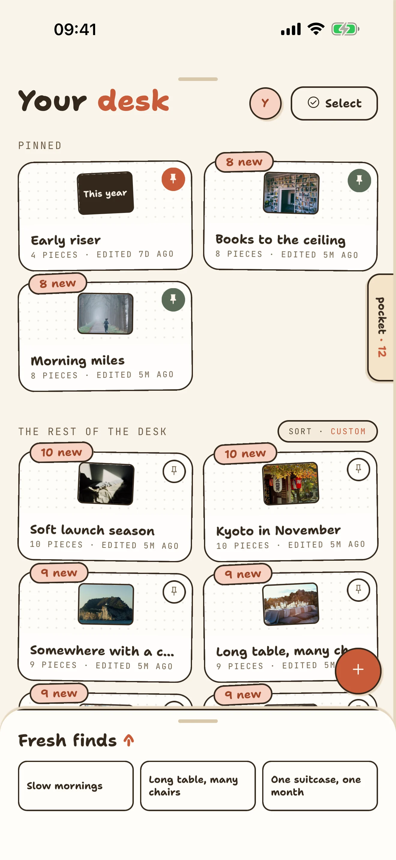 The Zora desk on iPhone: Early riser, Books to the ceiling and Morning miles pinned above the rest of the desk, with the Fresh finds sheet drawn up from the bottom.