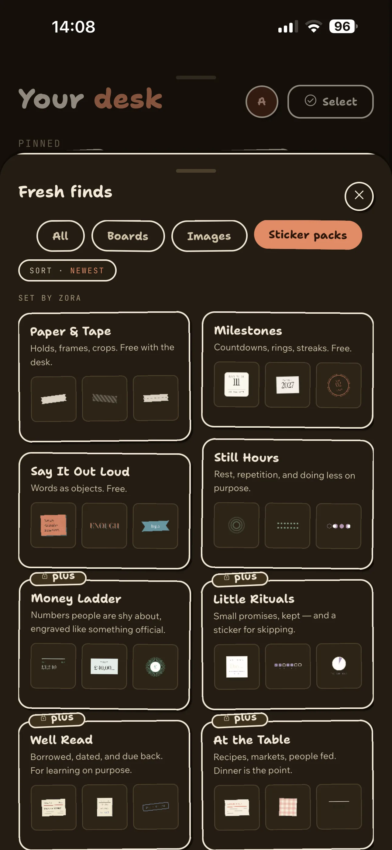 Fresh finds in Zora, filtered to Sticker packs: Paper & Tape, Milestones, Say It Out Loud and Still Hours, then Money Ladder, Little Rituals, Well Read and At the Table marked plus, each showing three sample pieces.