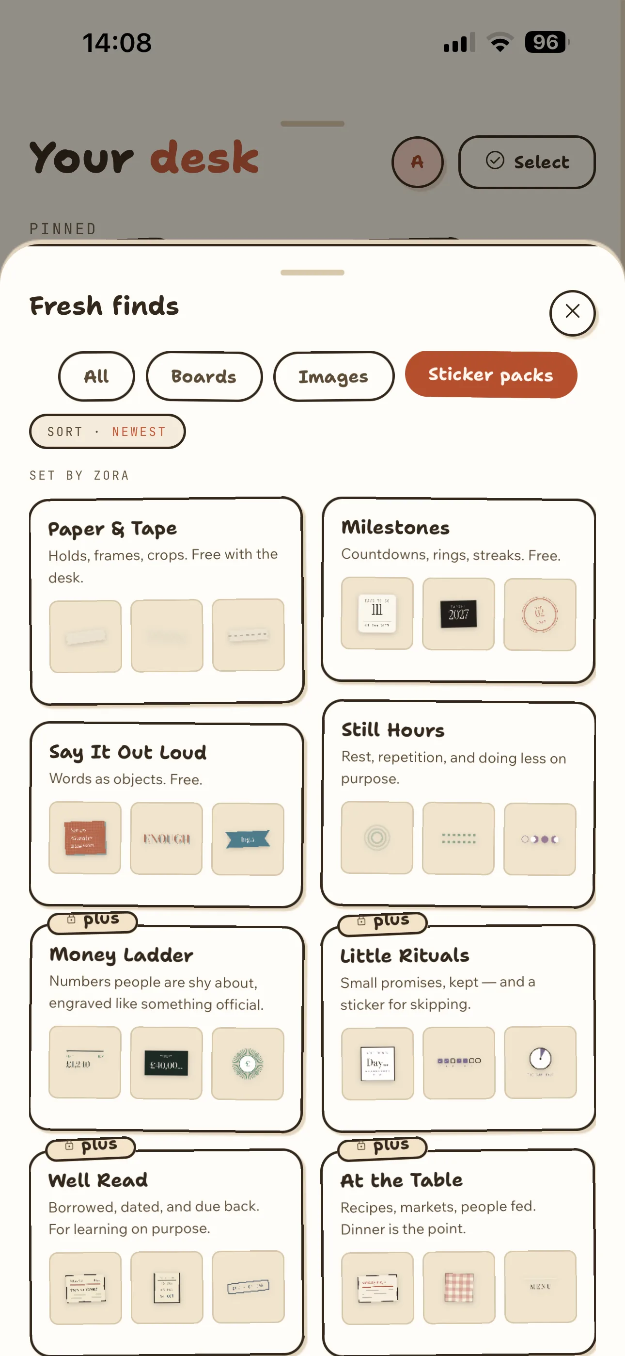 Fresh finds in Zora, filtered to Sticker packs: Paper & Tape, Milestones, Say It Out Loud and Still Hours, then Money Ladder, Little Rituals, Well Read and At the Table marked plus, each showing three sample pieces.